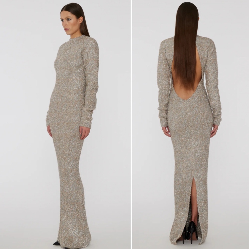ROTATE Birger Christensen Glitter Eyelash Tinsel Metallic Open Back Maxi Dress